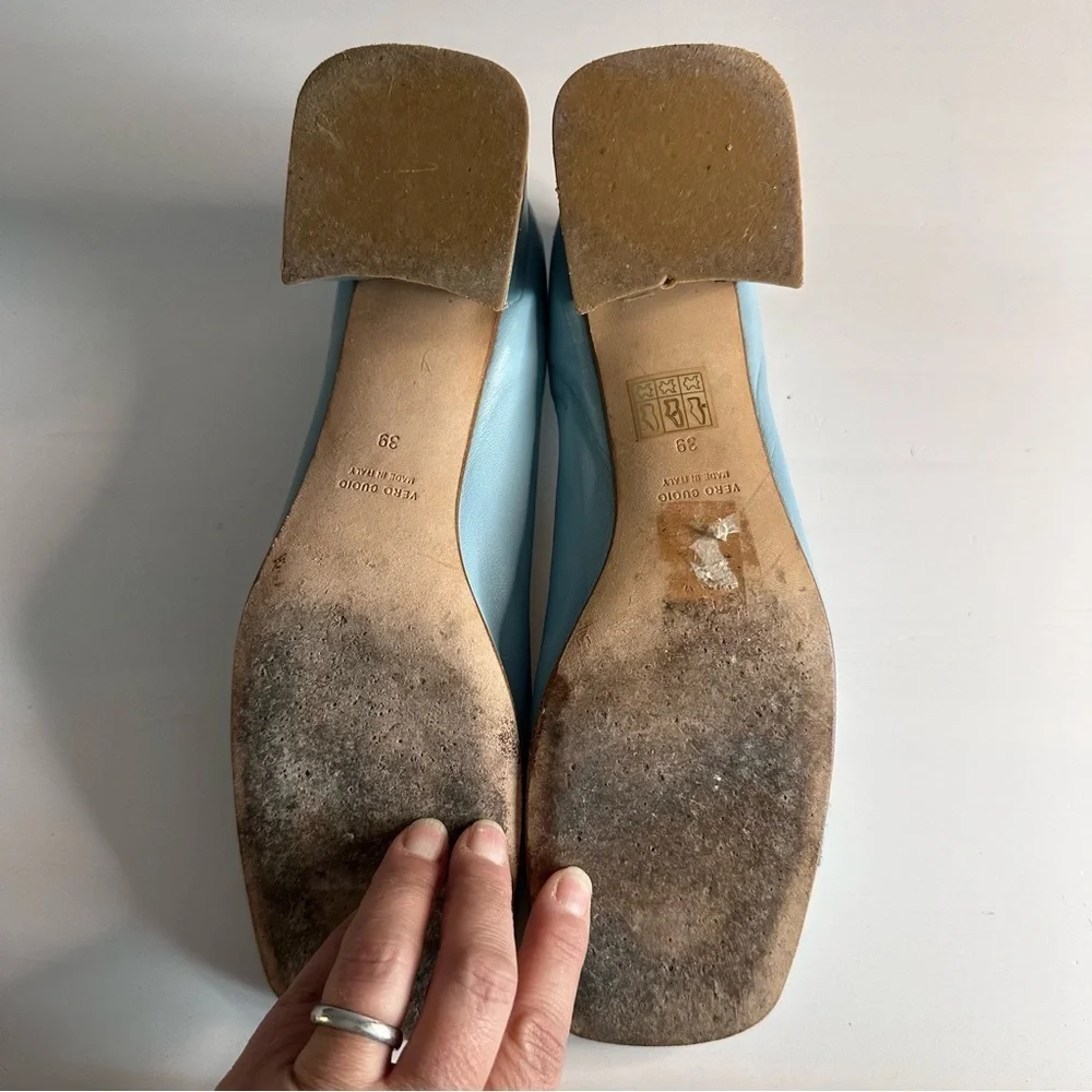 SCARLET Made in Italy, Low Block Heel, Leather, Baby Blue, Buckle Detail, Sz 8.5 - Picture 8 of 11